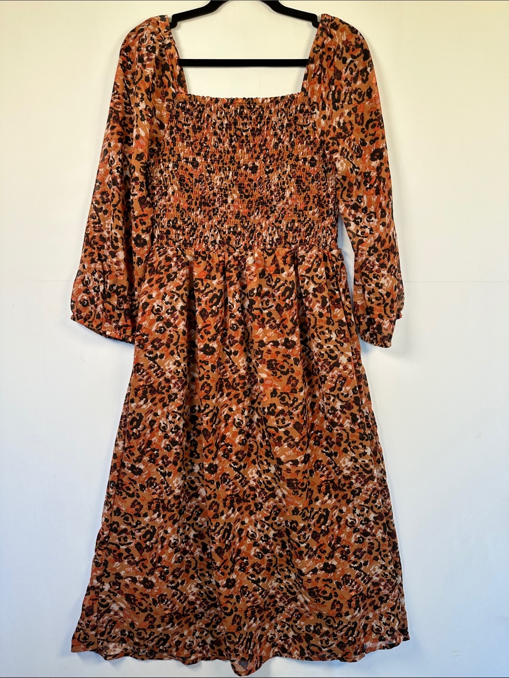 BeachLunchLounge Animal Print Smocked Midi Dress Puff Sleeve Brown Size S